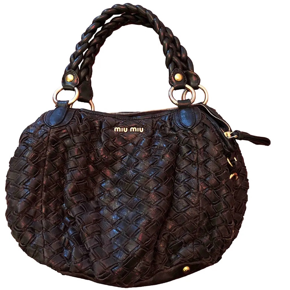 Miu Miu Black Leather Woven Intreccio Purse
